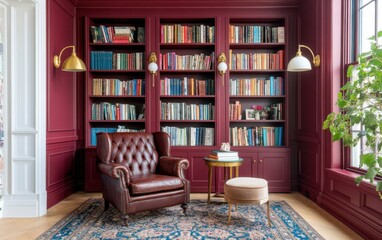 Living room with dark academia style, tufted leather armchair, deep burgundy walls, vintage bookshelves, brass sconces, and Persian rug