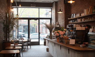 Fototapeta premium Chic Café with Exposed Brick Walls and Industrial Lighting, Creating a Trendy and Inviting Atmosphere