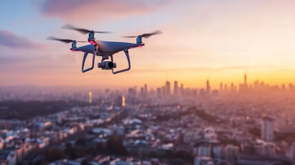 Drone over City: An aerial view showcases a drone hovering above a vibrant cityscape during the captivating moments of a sunset.