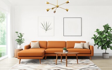 Living room with mid century modern elements, burnt orange sectional, wooden tapered legs, brass Sputnik chandelier, and abstract patterned rug