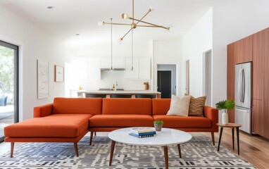 Living room with mid century modern elements, burnt orange sectional, wooden tapered legs, brass Sputnik chandelier, and abstract patterned rug