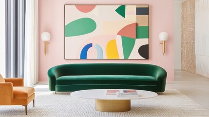 Living room with modern maximalist decor, bold emerald velvet sofa, geometric pink accent wall, brass details, and oversized sculptural art