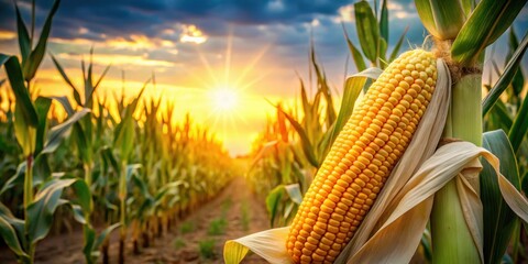 Ear of Corn on Cob in Cultivated Cornfield, golden sun, agricultural land,  golden sun