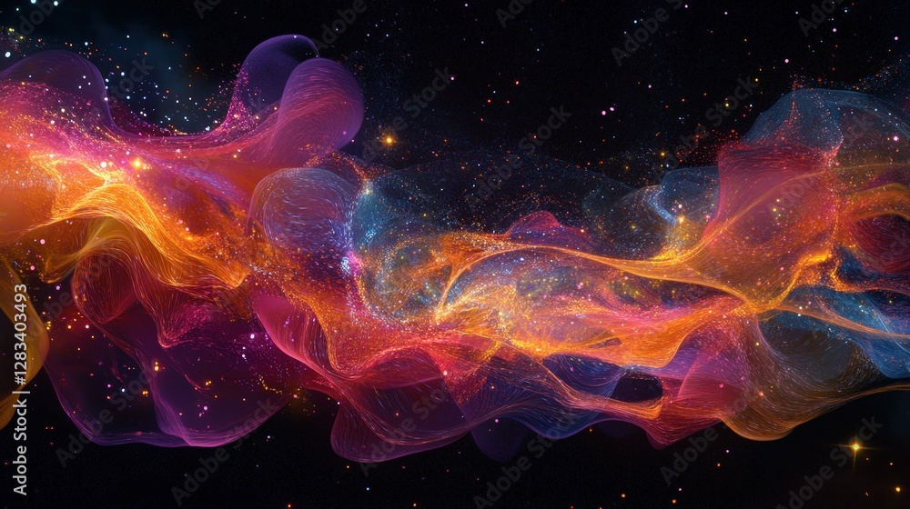 Poster a stunning visualization of a particle explosion in space, with vibrant colors and light trails crea