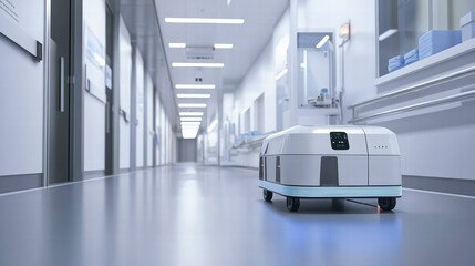 Automated Delivery: A futuristic view of an automated delivery robot navigating a sterile hallway, likely in a modern medical facility, representing technological advancement and efficiency.