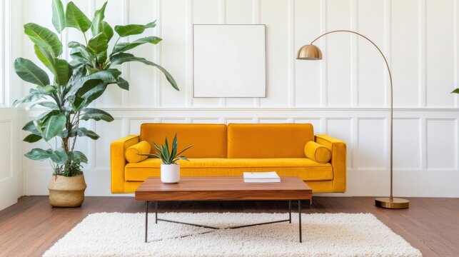 Living room with retro 70s charm, mustard yellow velvet couch, shag area rug, walnut coffee table, and vintage arc floor lamp