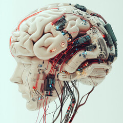 Digital rendering of a human brain connected to high-tech interfaces, isolated white background, cinematic 8K hyper-realism 