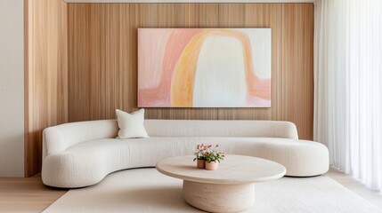 Minimaluxe living room featuring a curved boucle sectional, a travertine coffee table, fluted wood paneling, a large abstract painting, seamless indirect