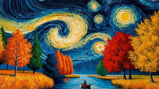 Vibrant Autumn Landscape with Swirling Starry Night Sky, Colorful Trees, and a Small Boat Floating on a Calm River


