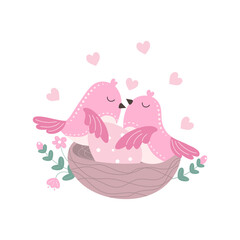 Two pink birds sit in a nest