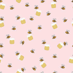 Cute honey bee seamless pattern. Vector doodle cartoon bee and honey pot illustration. Happy bees fly around the honey pots seamless pattern.