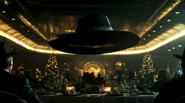Mysterious Hat Above Festive Gala,  An enigmatic wide-brimmed hat hovers over a lavish holiday banquet, creating a suspenseful and intriguing atmosphere.