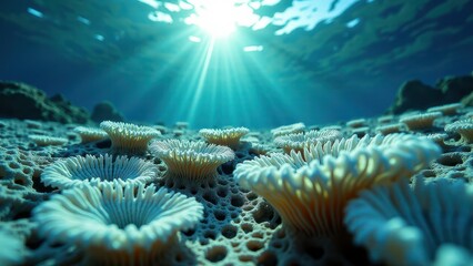 Fototapeta premium Underwater view of bleached coral colonies on the ocean floor with sunlight filtering through water 