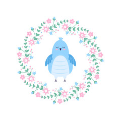 Cute blue newborn chick inside a floral wreath.