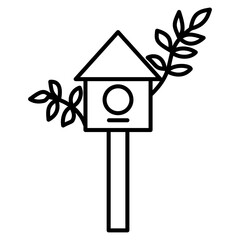 Simple outline hand-drawn bird house with leaves