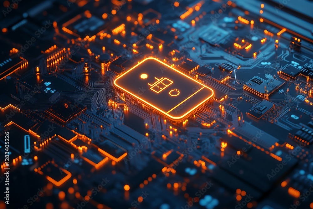 Aufkleber abstract mobile app icon on circuit board digital technology background orange glow futuristic moder