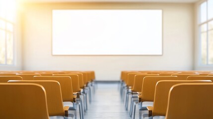 Modern Classroom Interior with Empty Wooden Chairs and Bright Windows