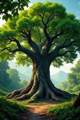 Fototapeta premium Ancient tree with sprawling roots and dense foliage, giant, canopies, majestic