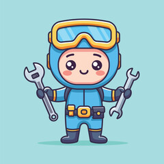 Cute Diver Handy Man Holding Wrench And Tool Box Cartoon Vector Icon Illustration. Science Nature Icon Concept Isolated Premium Vector. Flat Cartoon Style