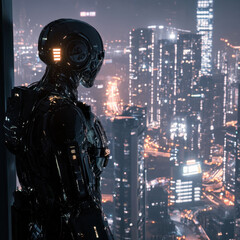 Fototapeta premium Autonomous robot exploring a futuristic city at night with glowing lights, isolated white background, cinematic 8K hyper-realism 