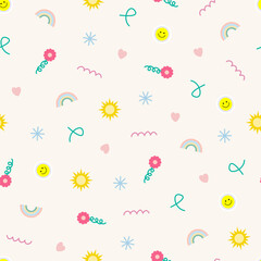 Fun and colorful seamless repeat vector pattern featuring summer weather elements. Cute summer holiday design vibrant cartoon icons in a doodle for wallpaper, fabric, textiles and wrapping paper.