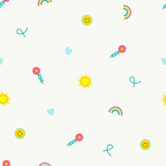 Fun and colorful seamless repeat vector pattern featuring summer weather elements. Cute summer holiday design vibrant cartoon icons in a doodle for wallpaper, fabric, textiles and wrapping paper.