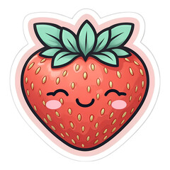 Obraz premium Cute Smiling Strawberry Cartoon Sticker Kawaii Fruit Food Illustration Art