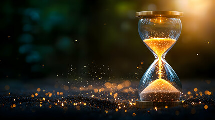 Golden Hourglass With Flowing Sand Illuminated With Bokeh Against Dark Background
