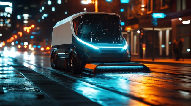 Automated City Sweeper: A futuristic, self-driving street sweeper glides through a vibrant city street at night, its sleek design and glowing lights illuminating the wet asphalt. 
