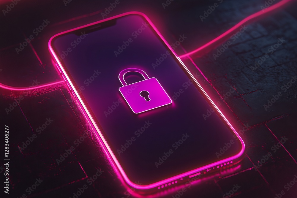 Poster cybersecurity mobile phone neon glow pink padlock digital security app protection privacy smartphone