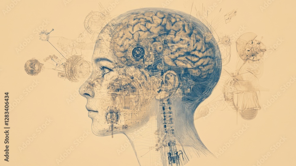 Poster Outline of human head filled with schematics illustrating the complexity and mechanisms of artificial intelligence. Generative AI
