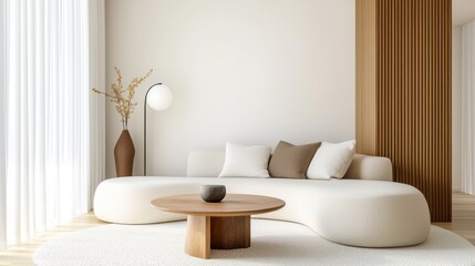 Soft minimalist living room with a curved linen sectional sofa, a round ceramic coffee table, sculptural wooden decor, soft wool area rug, sheer linen