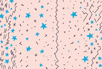 blue stars scattered across a light pink background, with black lines and dots adding a touch of whimsy and contrast.