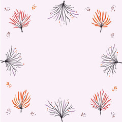 a circle of stylized flowers and leaves in various shades of orange, purple, and black, with small orange and purple dots scattered throughout.
