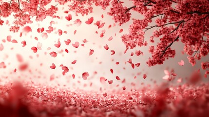 A serene scene of pink cherry blossoms with petals gently falling, creating a tranquil atmosphere.