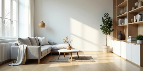 Modern Minimalist Living Room Interior Design with Sunlight Streaming Through Window, Featuring a Comfortable Sectional Sofa and Stylish Wooden Shelving