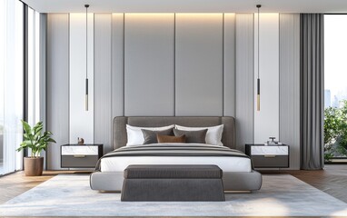 Ultra luxury modern bedroom featuring a suede upholstered bed, silk bedding, floating marble nightstands, soft backlit paneling, and sculptural pendant