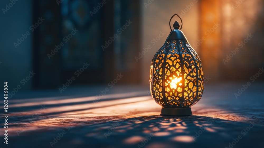 Poster intricate lantern casting warm glow and shadows in a dim environment