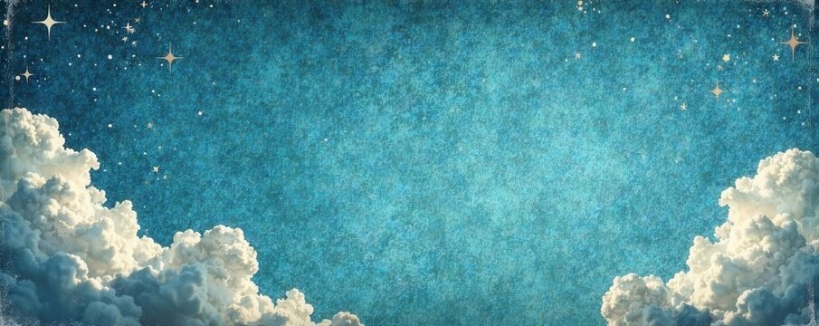 Distressed paper with vintage sky pattern featuring stylized clouds and stars in shades of blue and grey, texture, stars, grey