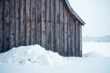 Rustic Wooden Barn Partially Obscured by a Large Snowdrift in a Winter Landscape