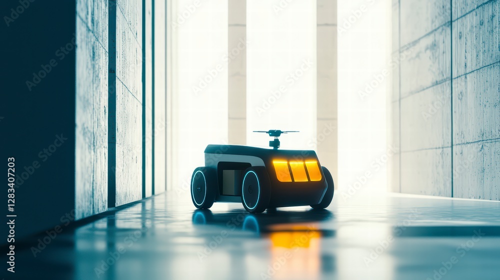 Poster autonomous delivery robot in modern building: a sleek, futuristic delivery robot navigates a minimal