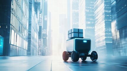Delivery Robot in Futuristic City: A sleek, autonomous delivery robot navigates a modern cityscape, its cargo secure and its presence heralding the future of logistics and convenience.