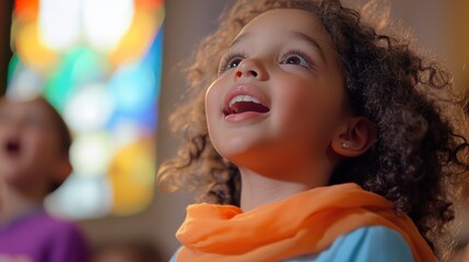 Child singing joyfully in a classroom with colorful stained glass, expressing happiness and creativity, engaging in music education and learning.