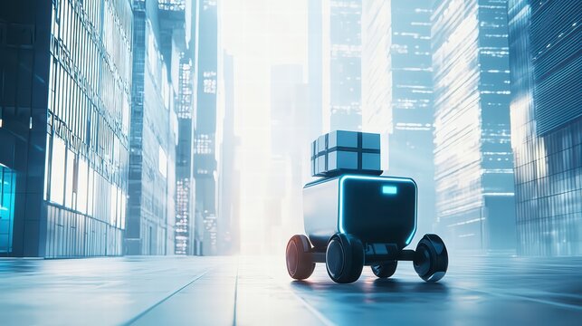 Delivery Robot in Futuristic City: A sleek, autonomous delivery robot navigates a modern cityscape, its cargo secure and its presence heralding the future of logistics and convenience.