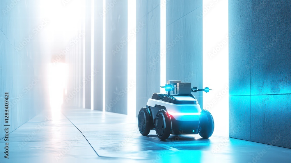 Poster autonomous delivery robot: futuristic delivery robot navigating a sleek, modern corridor. the robot 