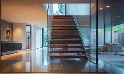 Obraz premium Sleek wood-and-glass staircase in a private residence featuring modern interior architecture