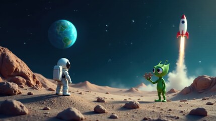 Obraz premium Extraterrestrial Encounter Astronaut and Alien Collaborate on a Planetary Puzzle, Witnessing a Rocket Launch in the Vastness of Space