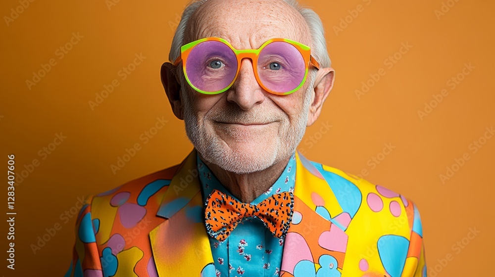 Poster man in a colorful suit with a bow tie and sunglasses. he is smiling and looking at the camera