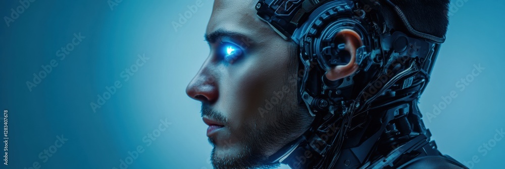Leinwandbilder profile view of a human head with advanced mechanical structures and glowing robotic eye showcasing 