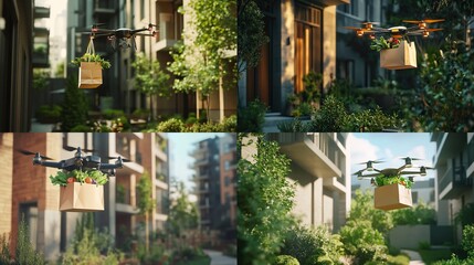 Drone delivering grocery bags to apartment buildings.
